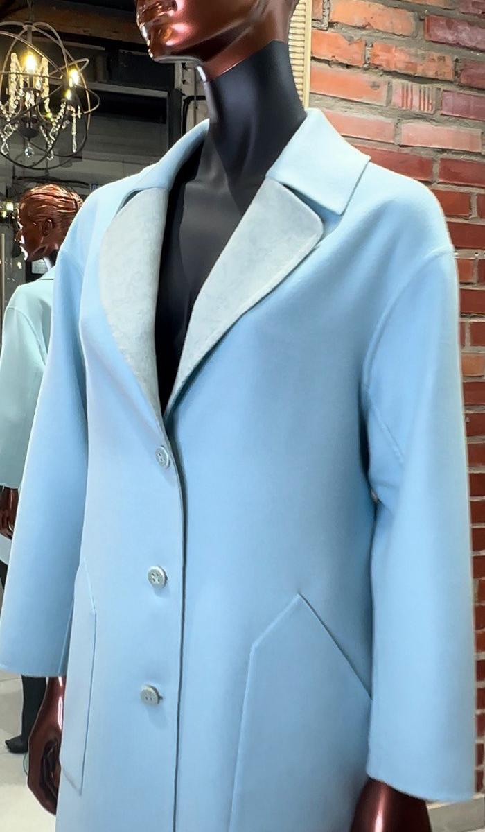Заказать облегченное летнее пальто из 100% дубль кашемир светло-голубого